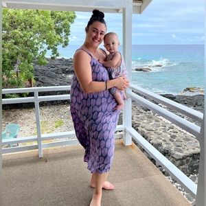 Purple pink leaf maxi spaghetti strap dress